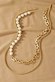 2 Row asymmetric pearl and chain necklace - Gold / One Size