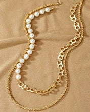 2 Row asymmetric pearl and chain necklace - Gold / One Size