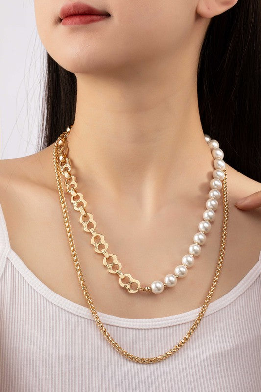 2 Row asymmetric pearl and chain necklace - Gold / One Size