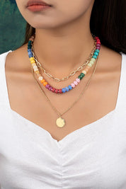 3 row chunky resin bead and chain necklace - Gold / one size