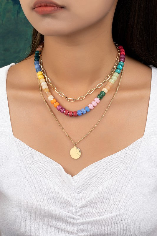 3 row chunky resin bead and chain necklace - Gold / one size