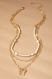 3 row seed bead and chain necklace - Gold / one size