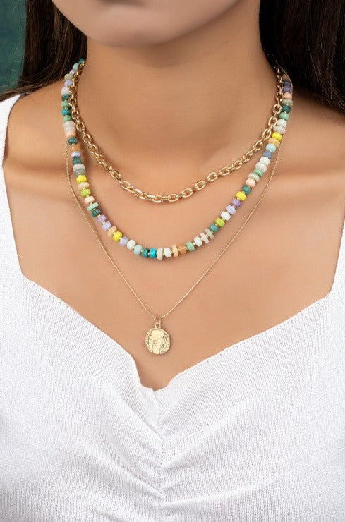 3 Row Tonal Resin Bead and Chain Layered Pendant Necklace - Gold / one size - Necklaces