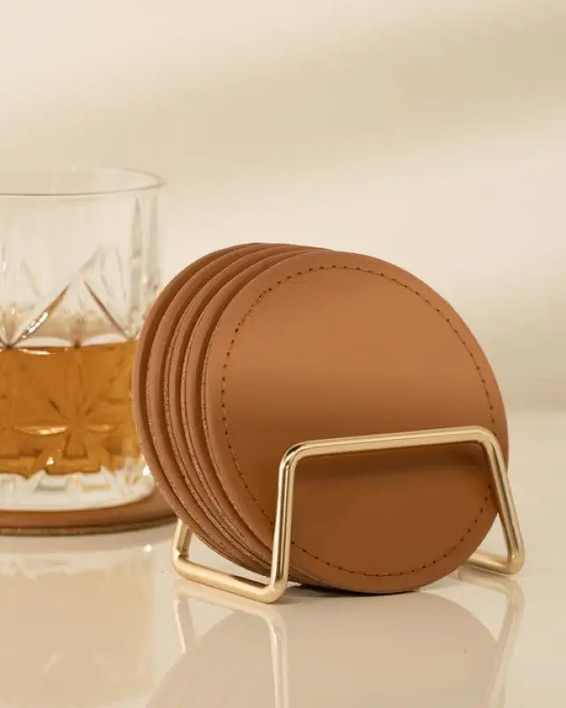 6 Round Pu Leather Coasters Set