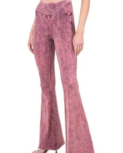 Acid Wash High Waist Raw Edge Hem Pants - DK PLUM / S