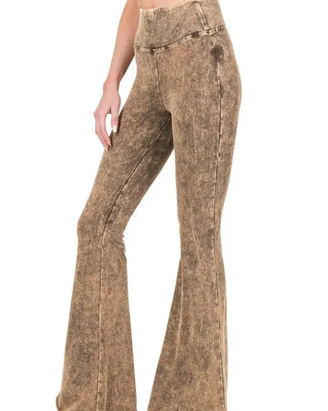 Acid Wash High Waist Raw Edge Hem Pants - RUST BROWN / S