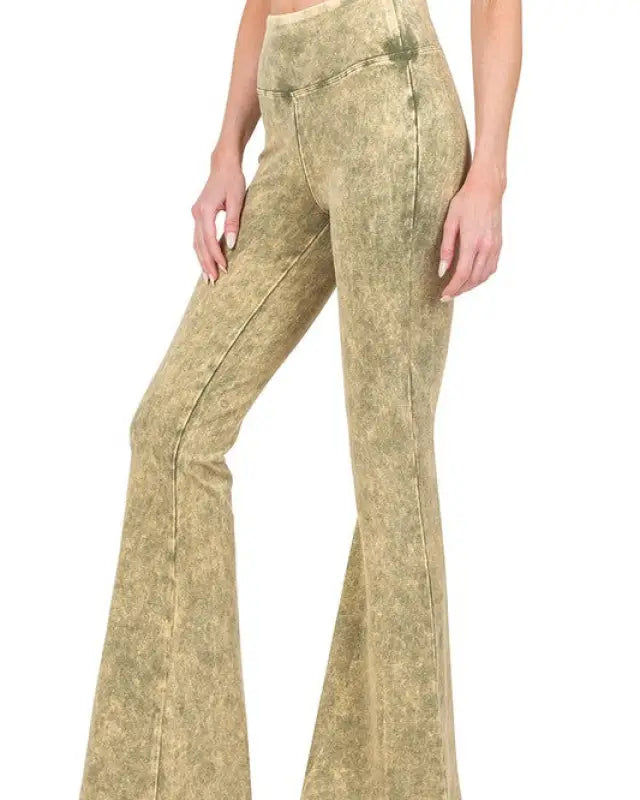 Acid Wash High Waist Raw Edge Hem Pants - LT OLIVE / S