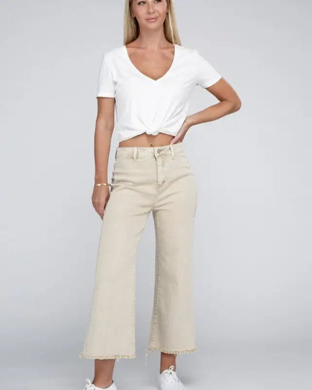 Acid Washed High Waist Frayed Hem Straight Pants - Pants