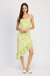 ASYMMETRIC MIDI DRESS WITH RUFFLE DETAIL - LIME FLORAL / S