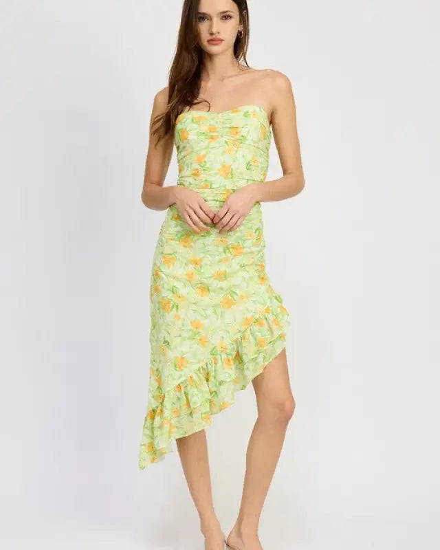 ASYMMETRIC MIDI DRESS WITH RUFFLE DETAIL - LIME FLORAL / S