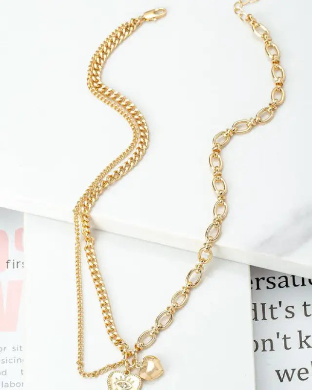 Asymmetric Mix Chain With Heart Pendant Necklace