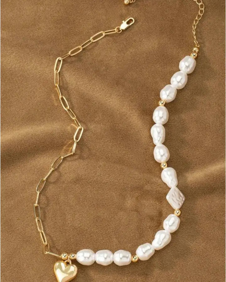 Asymmetric Pearl & Chain Necklace With Puffy Heart