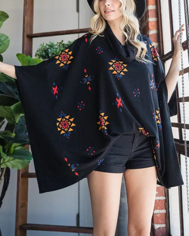 Aztec Print Cowl Neck Oversized Poncho