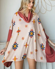 Aztec Print Cowl Neck Oversized Poncho