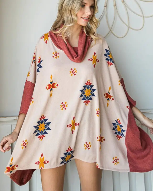 Aztec Print Cowl Neck Oversized Poncho