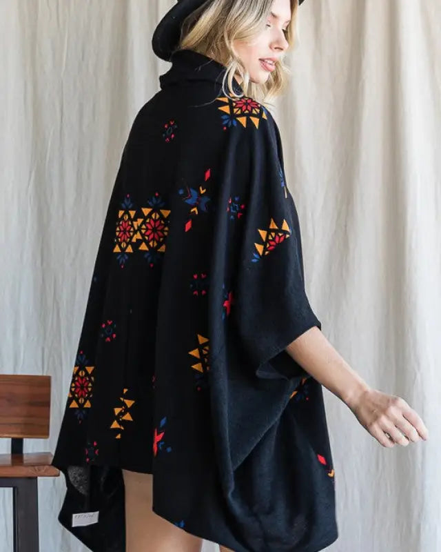 Aztec Print Cowl Neck Oversized Poncho