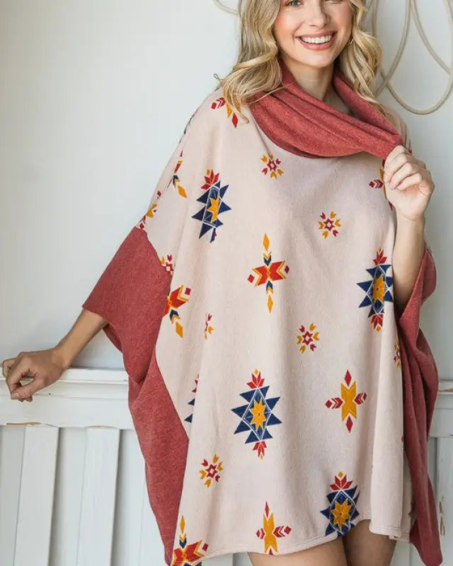 Aztec Print Cowl Neck Oversized Poncho