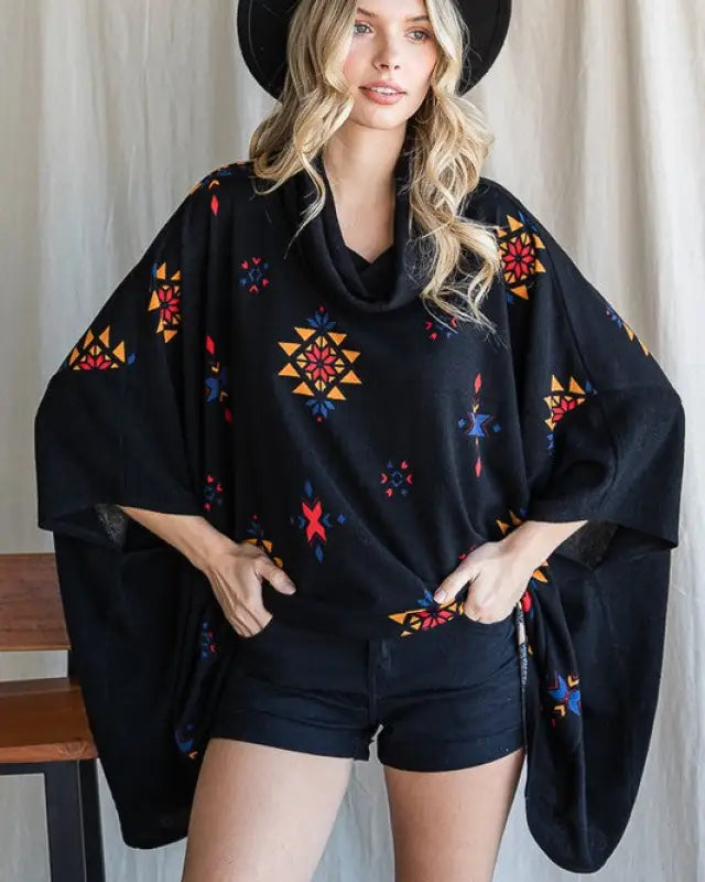 Aztec Print Cowl Neck Oversized Poncho