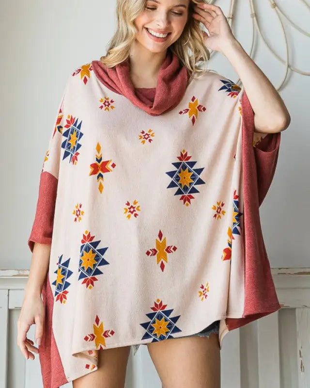 Aztec Print Cowl Neck Oversized Poncho