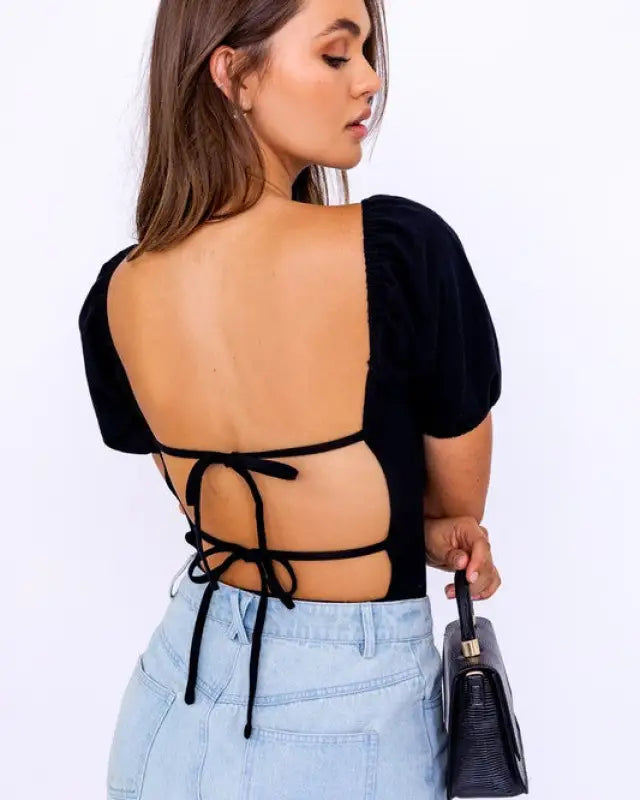 Balloon Elbow Sleeve Open Back Bodysuit