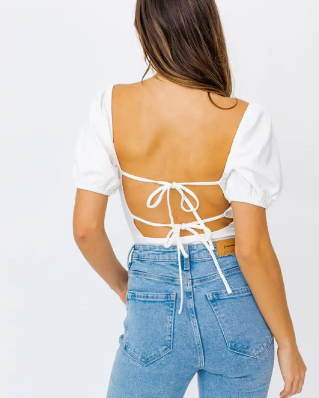 Balloon Elbow Sleeve Open Back Bodysuit