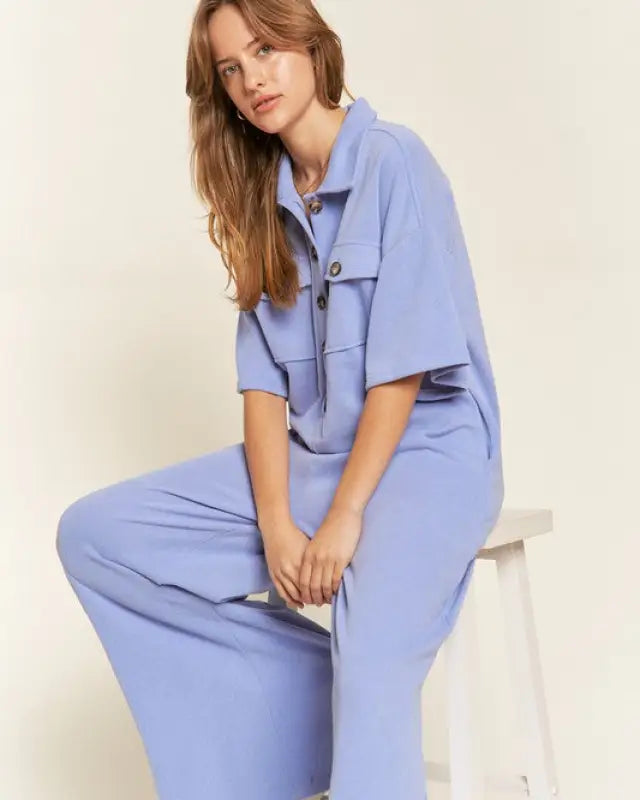 Basic Collar Shirt Wide Leg Jumpsuit