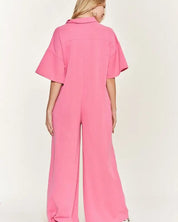 Basic Collar Shirt Wide Leg Jumpsuit