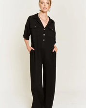 Basic Collar Shirt Wide Leg Jumpsuit