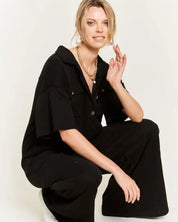 Basic Collar Shirt Wide Leg Jumpsuit