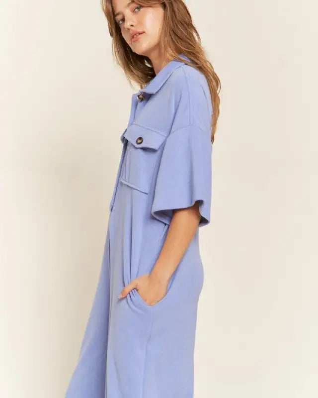 Basic Collar Shirt Wide Leg Jumpsuit