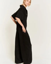 Basic Collar Shirt Wide Leg Jumpsuit