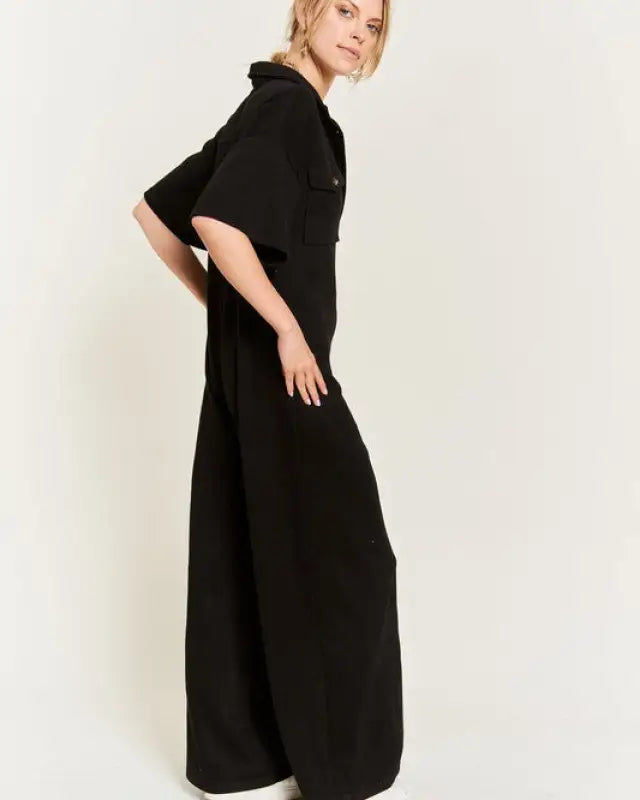 Basic Collar Shirt Wide Leg Jumpsuit