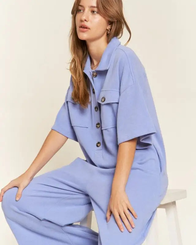 Basic Collar Shirt Wide Leg Jumpsuit