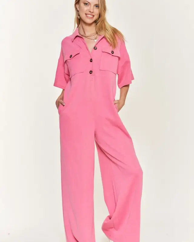 Basic Collar Shirt Wide Leg Jumpsuit