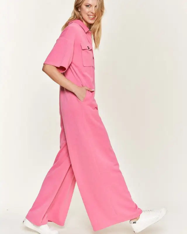 Basic Collar Shirt Wide Leg Jumpsuit