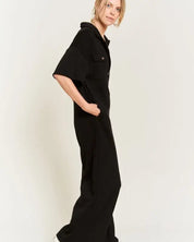 Basic Collar Shirt Wide Leg Jumpsuit