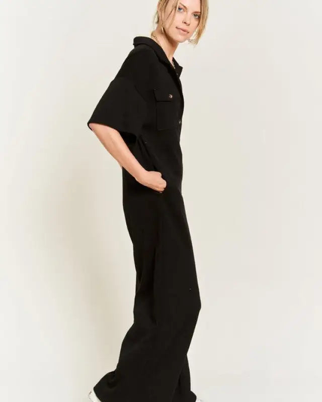 Basic Collar Shirt Wide Leg Jumpsuit