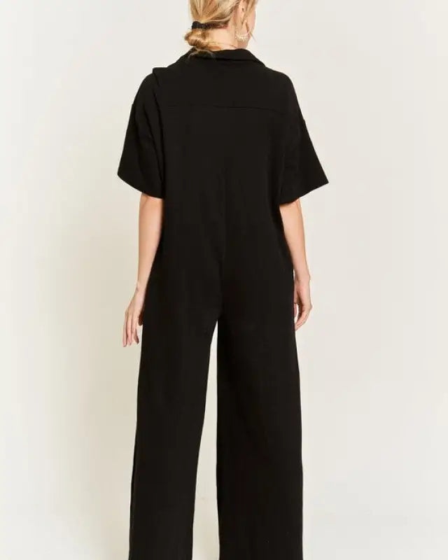 Basic Collar Shirt Wide Leg Jumpsuit