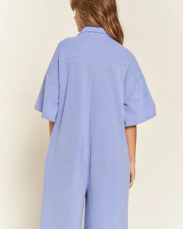 Basic Collar Shirt Wide Leg Jumpsuit