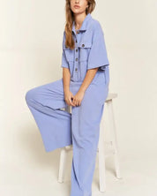 Basic Collar Shirt Wide Leg Jumpsuit