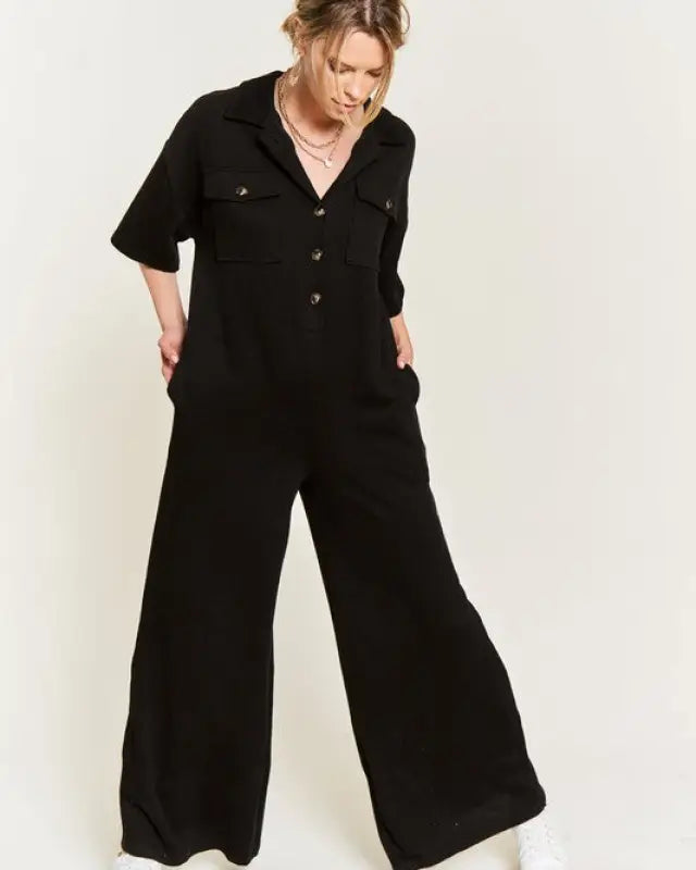 Basic Collar Shirt Wide Leg Jumpsuit