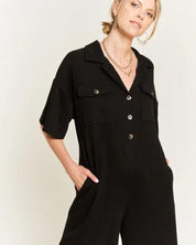 Basic Collar Shirt Wide Leg Jumpsuit