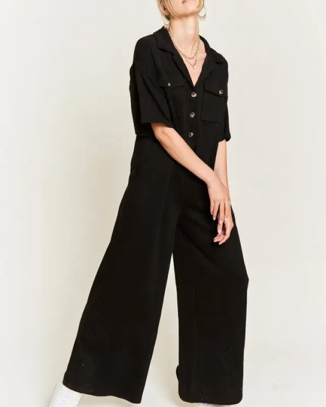 Basic Collar Shirt Wide Leg Jumpsuit - Black / S