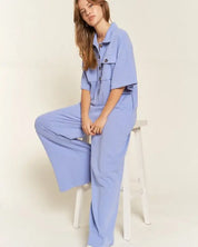 Basic Collar Shirt Wide Leg Jumpsuit - Blue/Purple / S