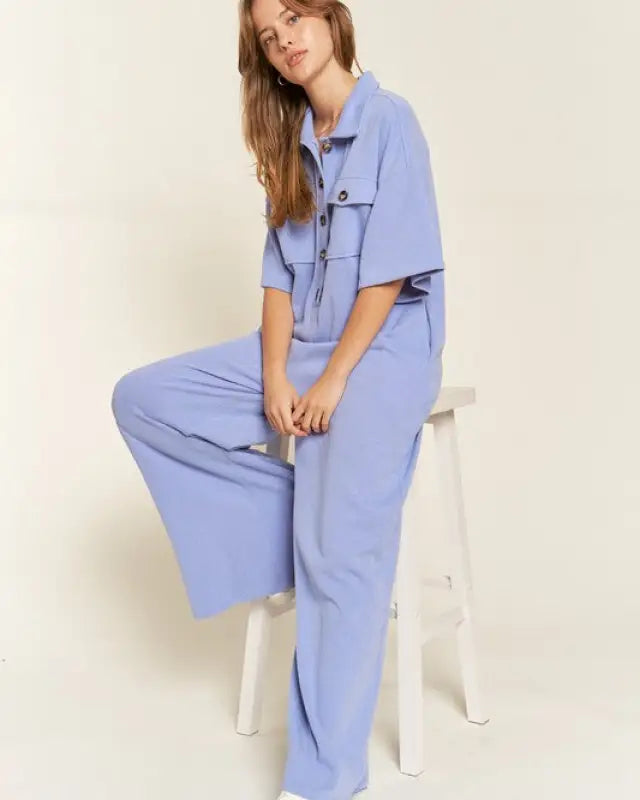 Basic Collar Shirt Wide Leg Jumpsuit - Blue/Purple / S