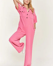 Basic Collar Shirt Wide Leg Jumpsuit - Pink / S