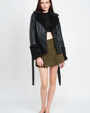 Belted Faux Shearing Trimmed Jacket