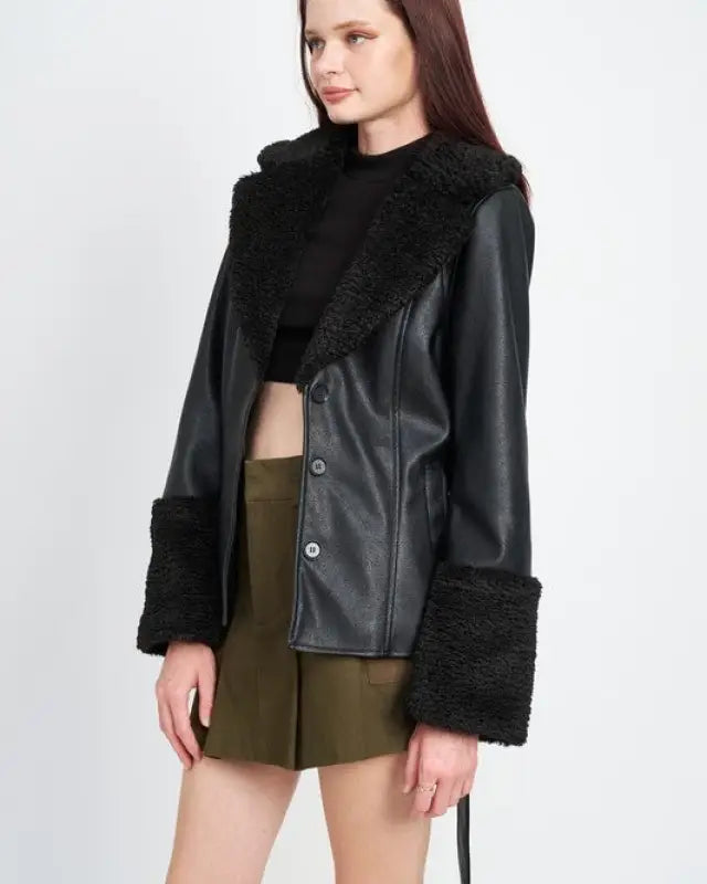 Belted Faux Shearing Trimmed Jacket