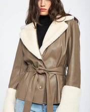 Belted Faux Shearing Trimmed Jacket