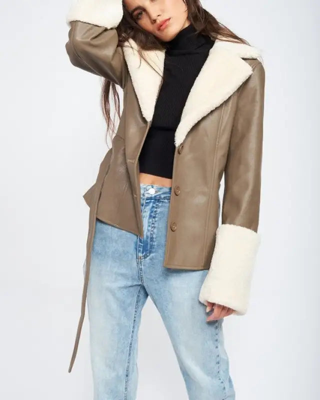 Belted Faux Shearing Trimmed Jacket